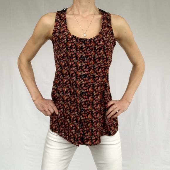 Limité floral roses criss cross back tank top fits S black and red woman - Picture 13 of 16